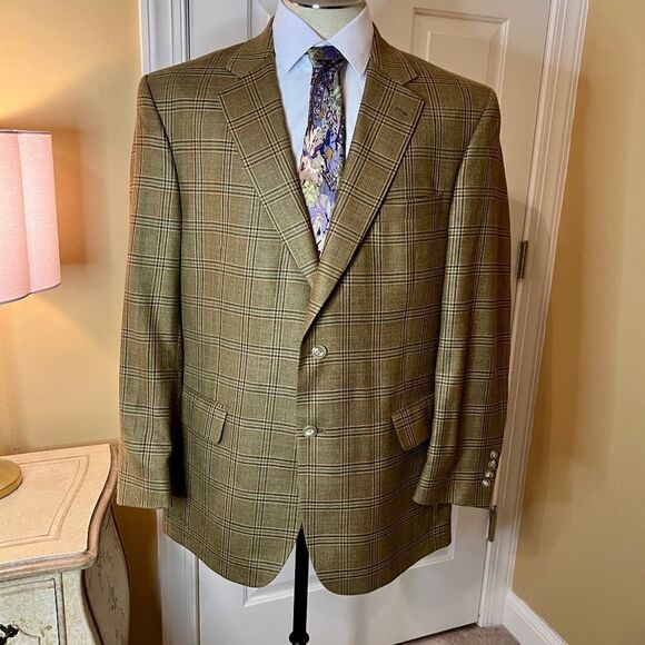Men's Jos. A. Bank Silk Wool Tan Brown Plaid Sport Coat Blazer Jacket Size 43R - Picture 1 of 7